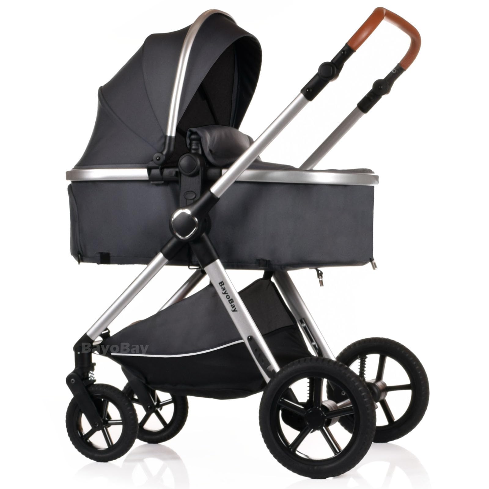 BayoBay 3-in-1 baby stroller with car seat and carrycot, lightweight grey silver pram for newborns and toddlers, foldable travel system