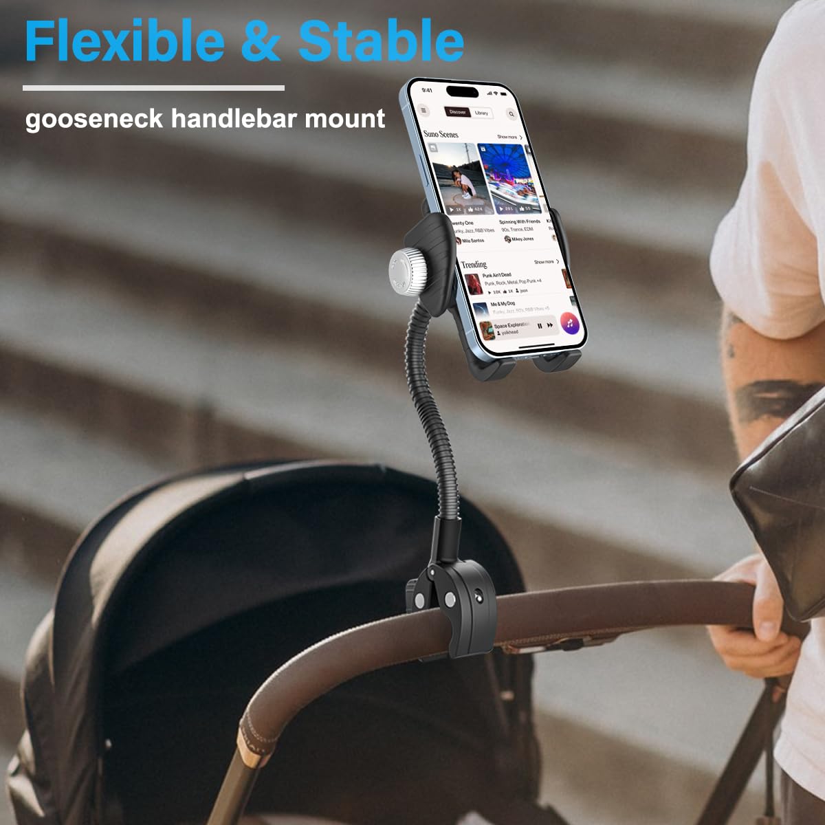 Oilcan metal flexible phone holder mount with gooseneck for wheelchairs, bikes, strollers, and treadmill handlebar, fits smartphones like iPhone 14.