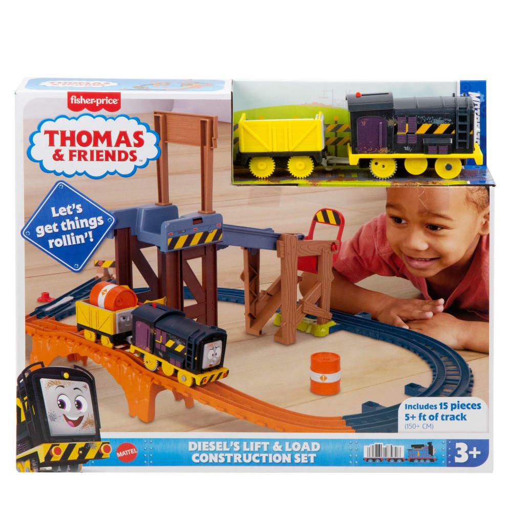 Thomas & Friends Motorized Toy Train Set Diesel’s Lift & Load Construction with Track & Cargo for Preschool Kids Ages 3+ Years, JBW20