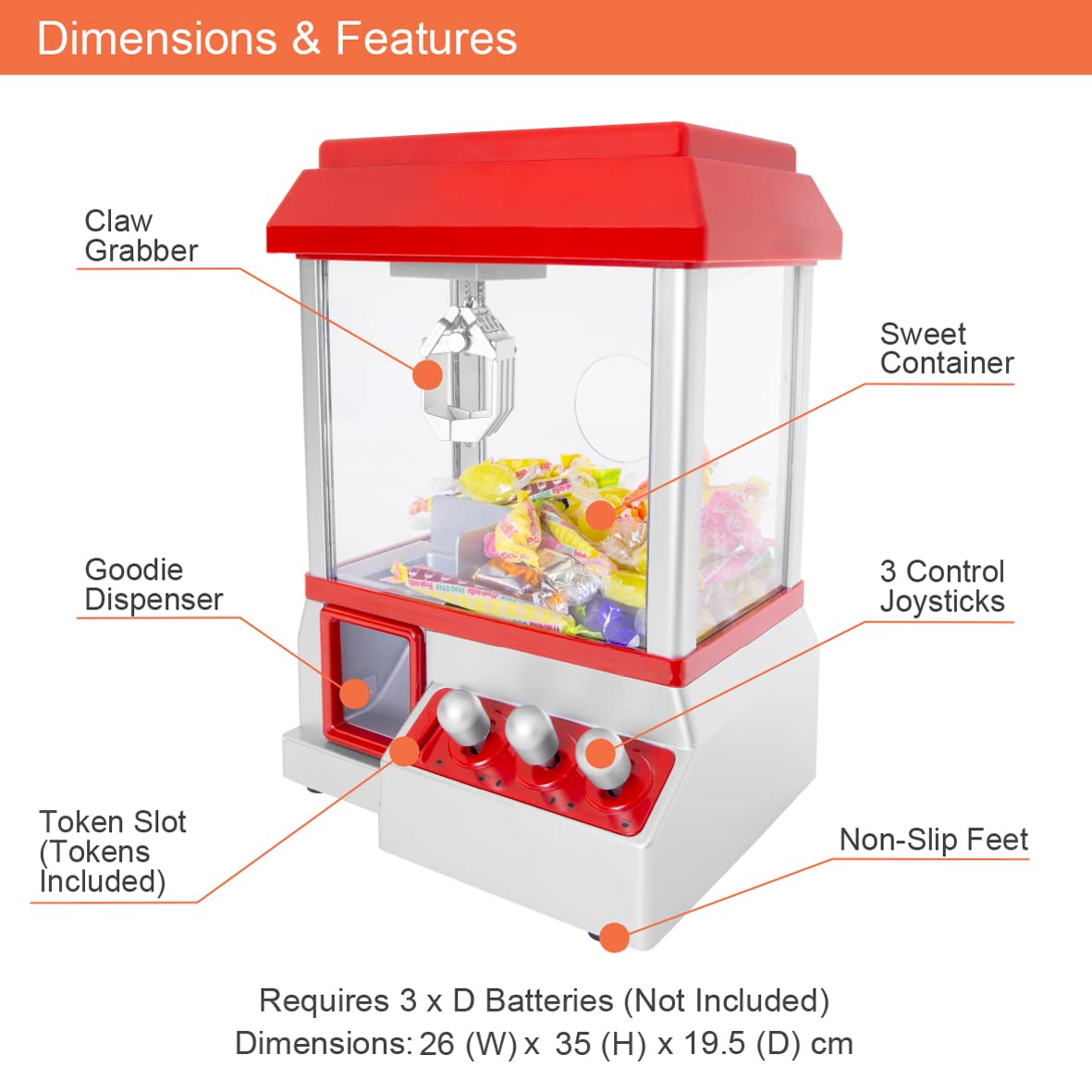 Global Gizmos Claw Machine/Vending Machine Toy Retro Arcade Claw Machine For Kids/Candy Grabber Machine/Battery Operated and Coins Included (26x35x19.5cm)