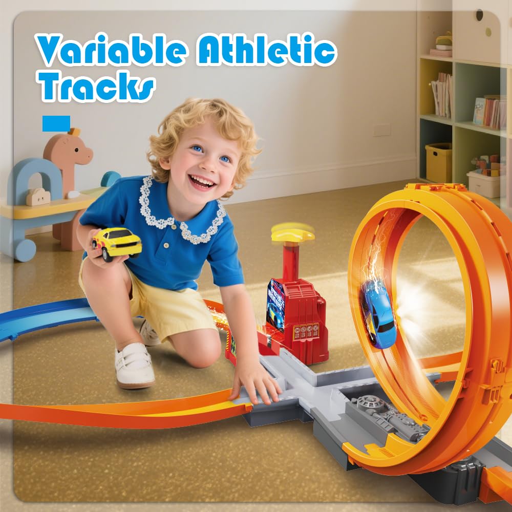 VATOS Slot Car Racing Track Set for 5-7 Years Boys - Manual Acceleration Kids Slot Machine Racing Track with 360 Degree Track,Diy Catapult Roller Coaster 3 4 5 6 7 8 9 10 Boys Girls