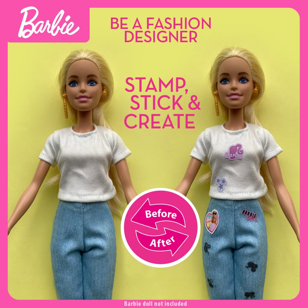 Barbie DIY Fashion Designer Set with T-shirt, leggings, stickers, ribbons, and stamp for creative kids' fashion play.