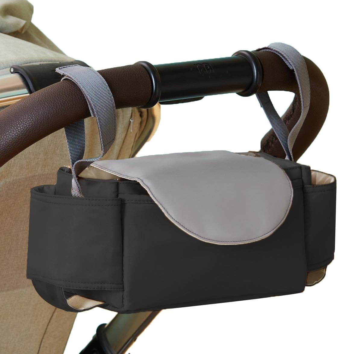 HAGOT baby pushchair organiser with cup holder and mummy bag, universal fit for all buggy models, attached to a stroller.