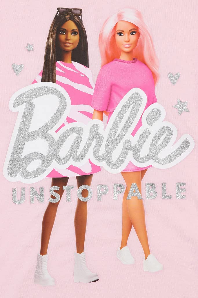 Barbie girls' long pink pyjama set featuring playful designs for ages 3-4 years, displayed on a white background.