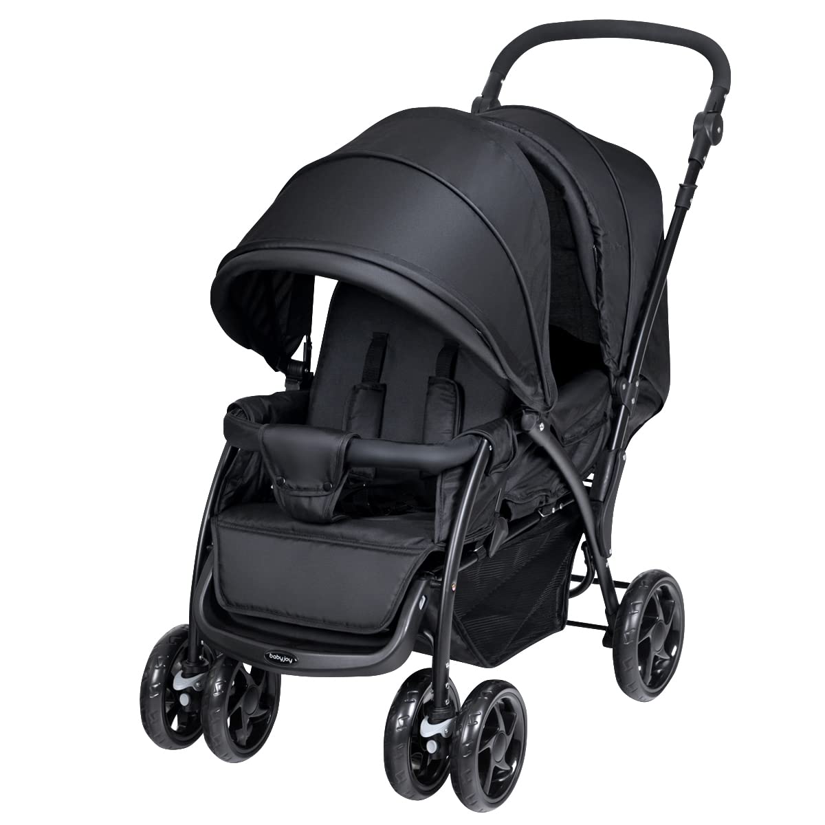 COSTWAY double seat pushchair with foldable tandem design, adjustable backrest, sunshade, safety belts, and storage basket in black.