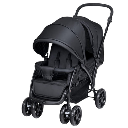 COSTWAY double seat pushchair with foldable tandem design, adjustable backrest, sunshade, safety belts, and storage basket in black.