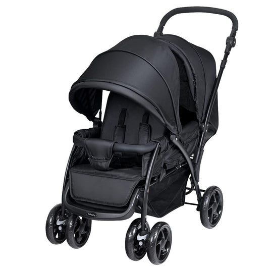 COSTWAY double seat pushchair with foldable tandem design, adjustable backrest, sunshade, safety belts, and storage basket in black.