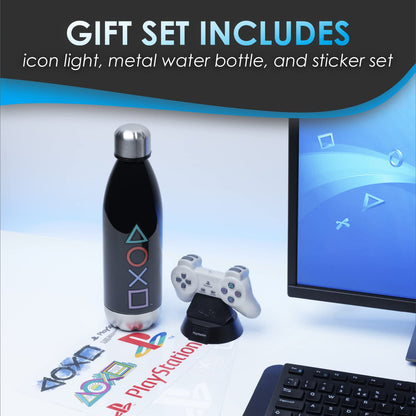 Paladone PlayStation gift set including Icons Light, themed stickers, and a bottle, featuring official PlayStation merchandise.
