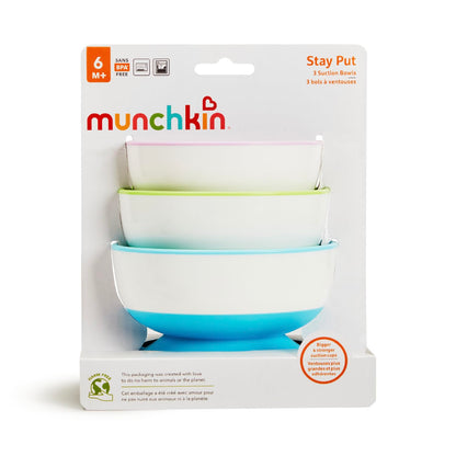 Munchkin Stay Put Baby Suction Bowl Set| Baby Bowls for Weaning| Baby Feeding Suction Dish Pack| for Babies & Toddlers 6 Months+|BPA Free Weaning Set for Babies| Microwave/Dishwasher Safe | 3 Pack