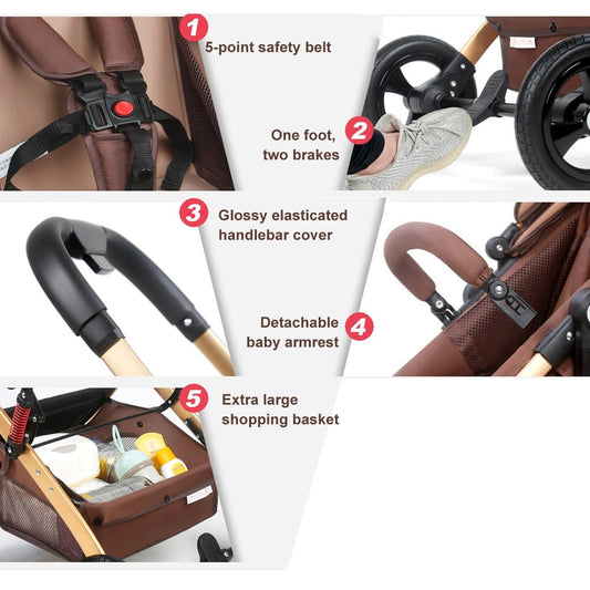 Twins Cozy Compact Twin Pram Stroller - Double Seat Tandem Toddler Stroller, Can Sit & Lie, Detachable Pushchair for Infant, Easy Fold Carriage, Multi-Position Reclining Seats (Color: Brown)