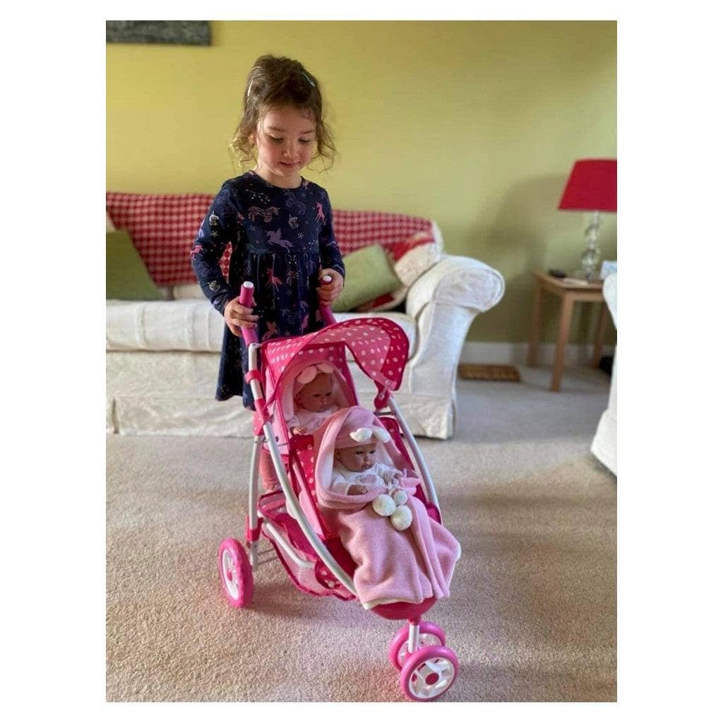Roma Dotty Dolls Pram with 2 Seats - Dolls Pushchair for 2 Dolls or Teddies, Dolls Double Buggy with Handle Height of 65cm, Suitable for Age 3+, Includes Shopping Basket