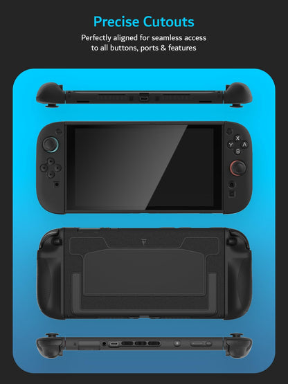 TUDIA black snap-on Nintendo Switch 2 case with kickstand, shockproof TPU grip, scratch-resistant PC shell, and dockable design.