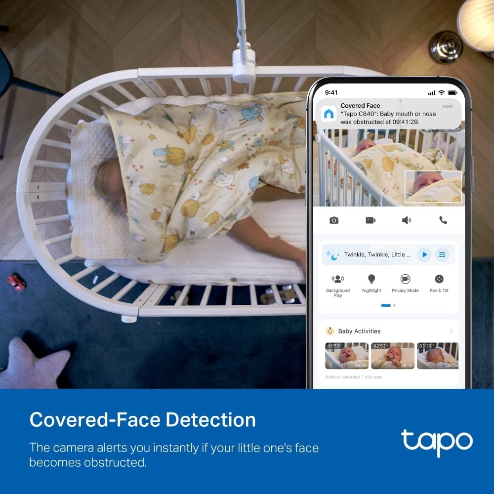 Tapo C840 2K 4MP dual-lens baby monitor with 360° tracking, night vision, AI detection, and indoor security camera features.