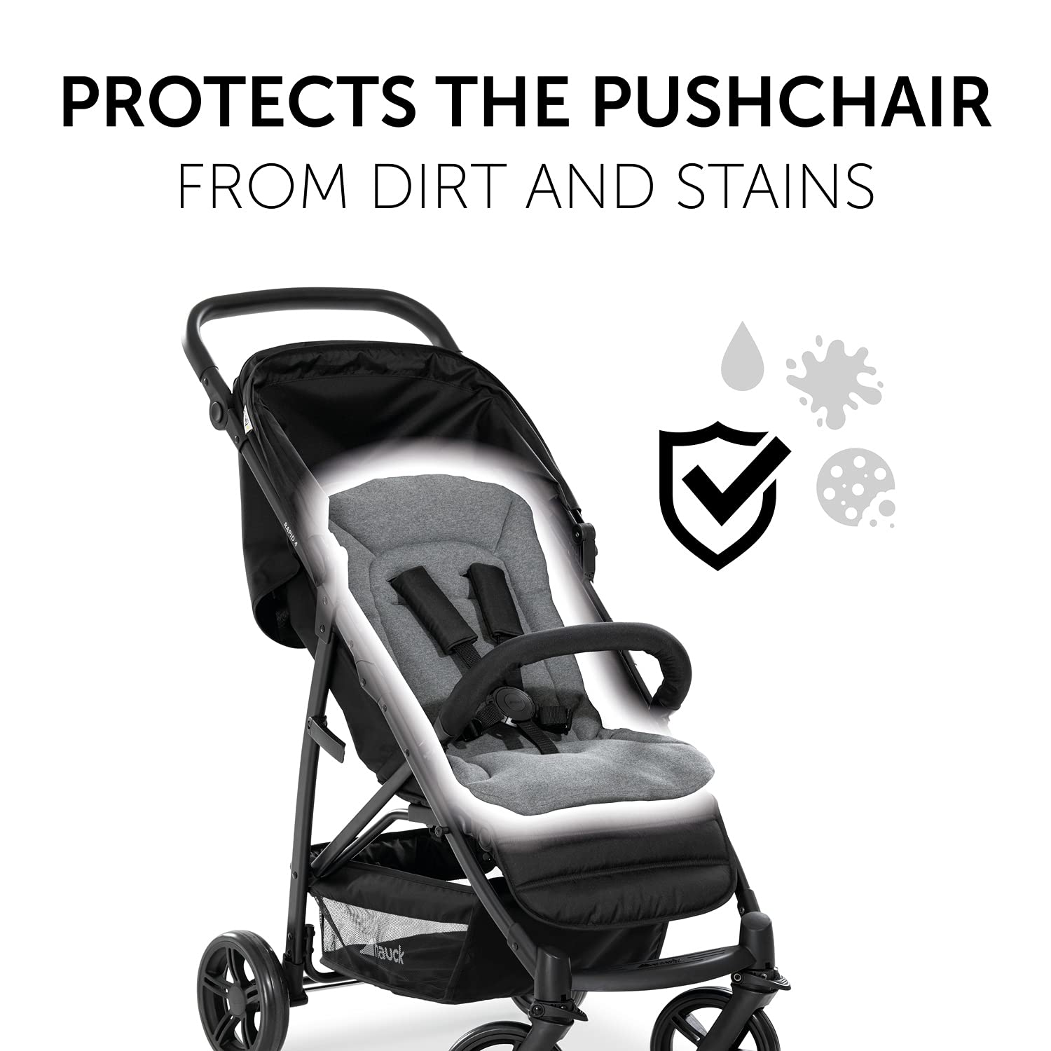 hauck padded pushchair liner in charcoal, soft breathable cotton, fits most strollers, machine washable, offers comfortable cushioning