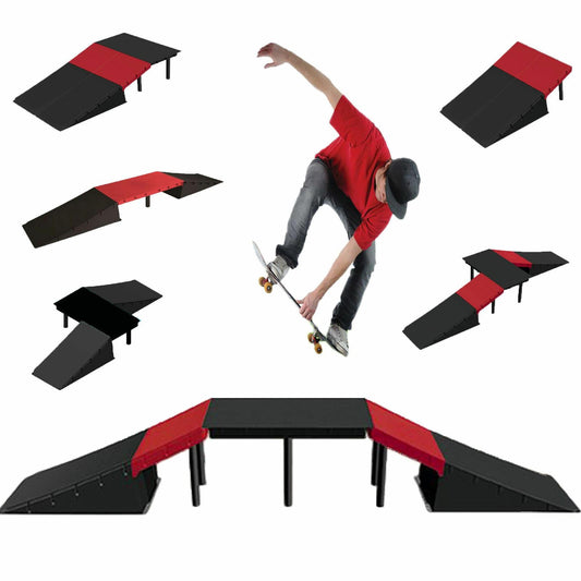The Magic Toy Shop Skate Ramp Set - 6 Assembly Variations, Red & Black, Anti Slip, Modular & T-Lock System, Easy Setup - Outdoor Adventure for Kids with Bikes, Scooters, Skateboards, RC Cars