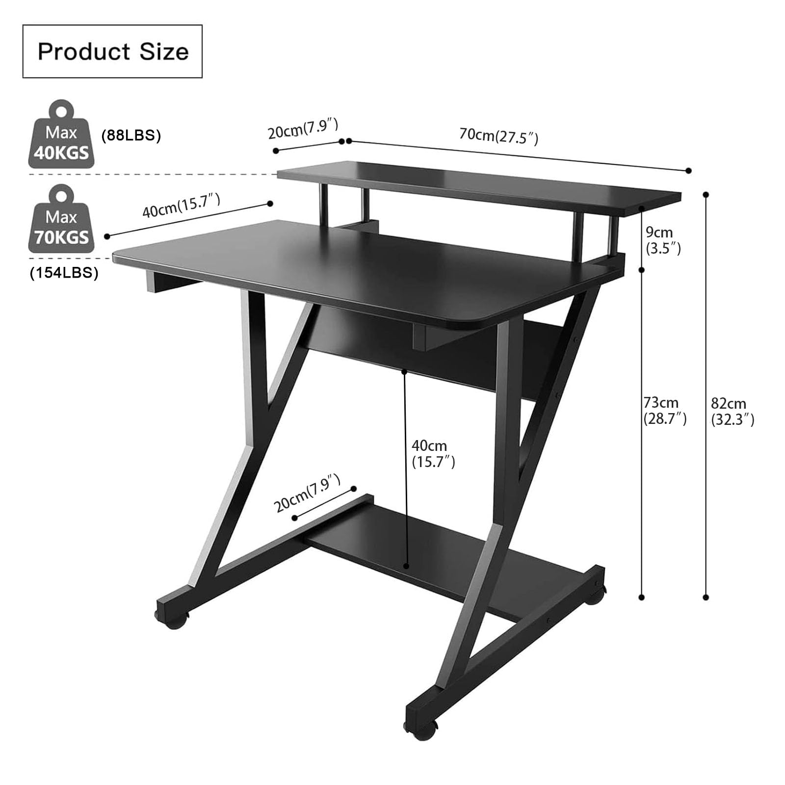 Dripex black Z-shaped computer desk with monitor shelf, storage shelves, and movable wheels for compact home office setup.