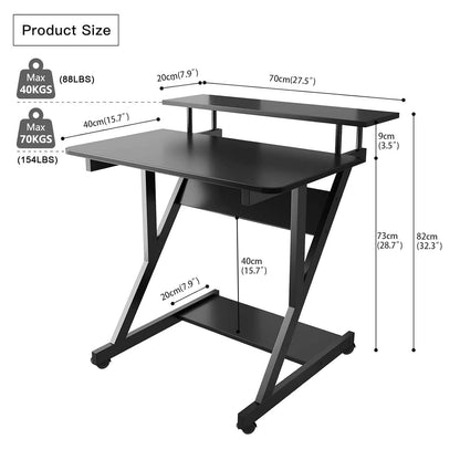 Dripex black Z-shaped computer desk with monitor shelf, storage shelves, and movable wheels for compact home office setup.