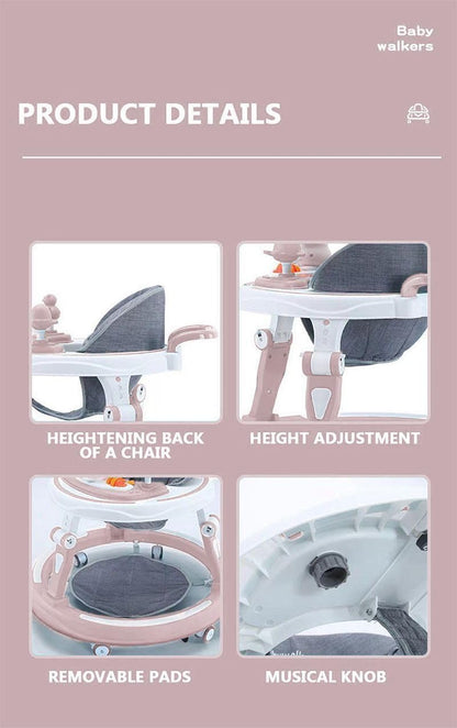 Pink adjustable baby walker by Generic with foldable design, feeding tray, interactive music, toys, lights, and safety wheel brakes.