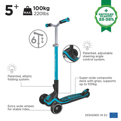 Globber Ultimum 3 Wheel Scooter in Aqua, featuring adjustable height, wide deck, folding design, for boys and girls 5+.