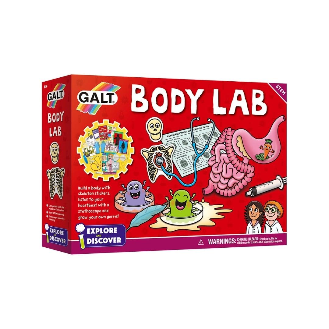 Galt Body Lab science kit with stethoscope, petri dishes, magnifying glass, and tools for 14 biology experiments for kids aged 6+