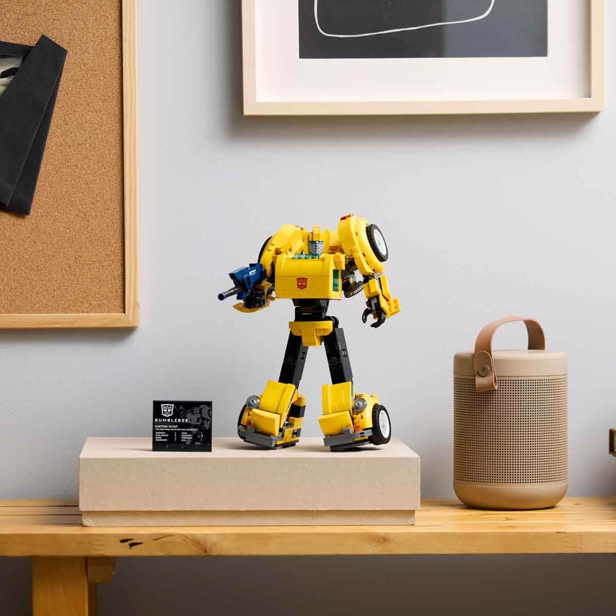 Lego Icons Bumblebee action figure building set, featuring a detailed robot model that converts to vehicle mode.