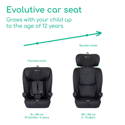 Bebeconfort Ever i-Safe, Evolutive Car Booster Seat, 15 Months - 12 Years, 76-150 cm, Toddler Car Seat, R129 Safety, Side Impact Protection, 11 headrest Positions, Built-in armrests, Full Black