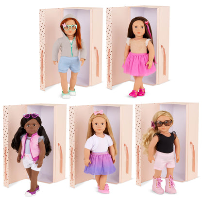 Our Generation Cambi doll with red hair and blue eyes, wearing butterfly-themed outfits and accessories in a gift box.