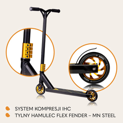 LIONELO WHIZZ Freestyle Stunt Scooter with aluminium deck, Y-bar handlebar, high-rebound wheels, and flex steel brake.