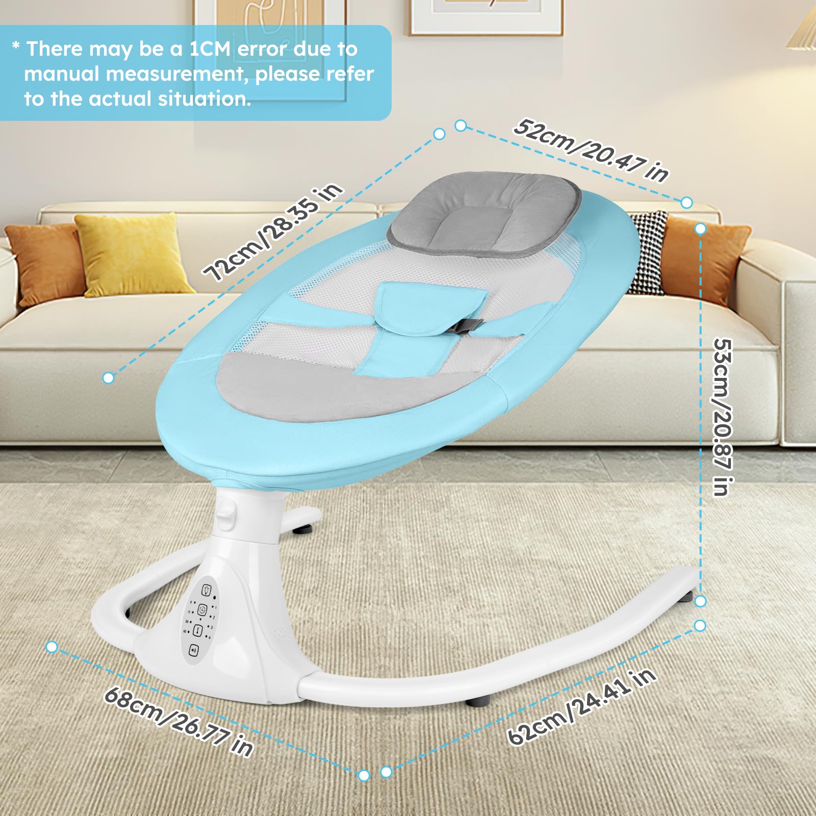 Blue electric baby swing chair by FineFizz with remote control, Bluetooth music, removable seat cushion, and adjustable speeds.