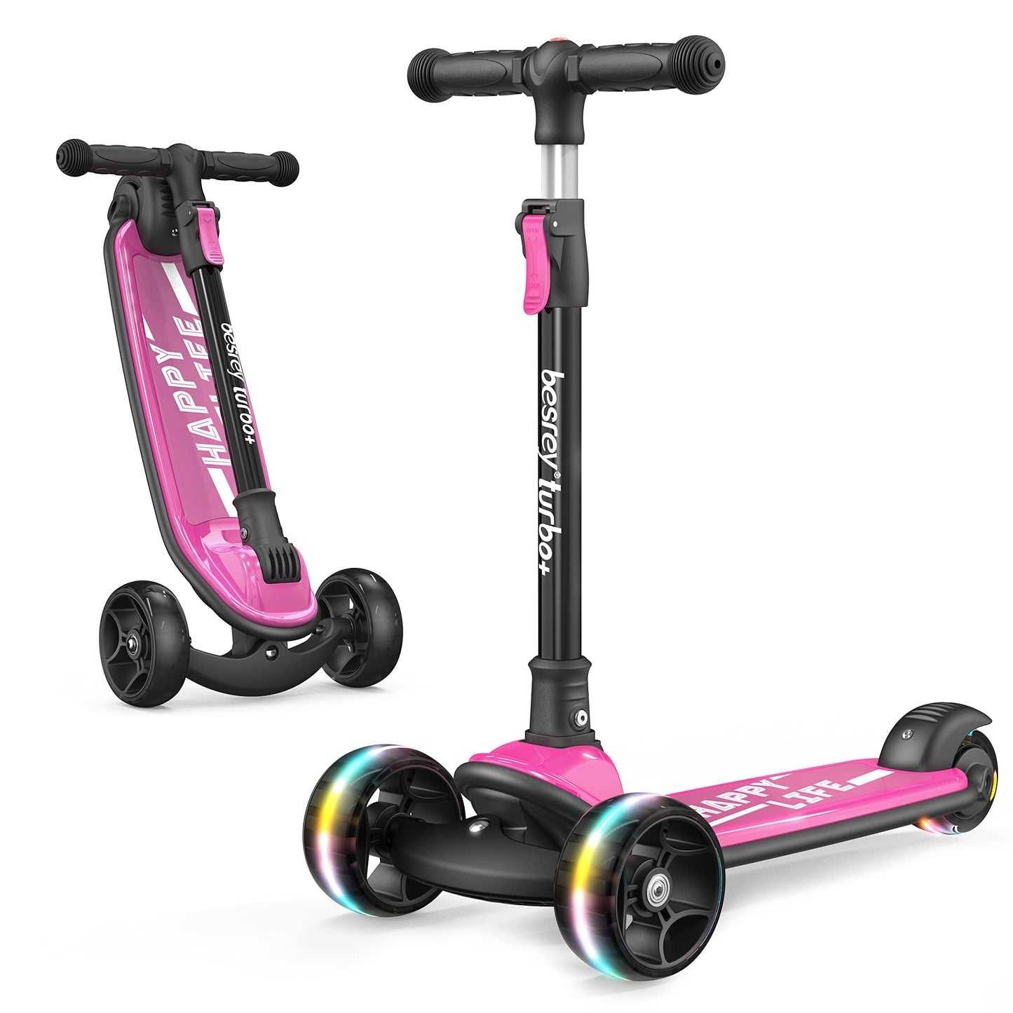 besrey 3-wheel kids' kick scooter with LED light wheels, adjustable height, wide deck, suitable for children ages 3-10 outdoor fun