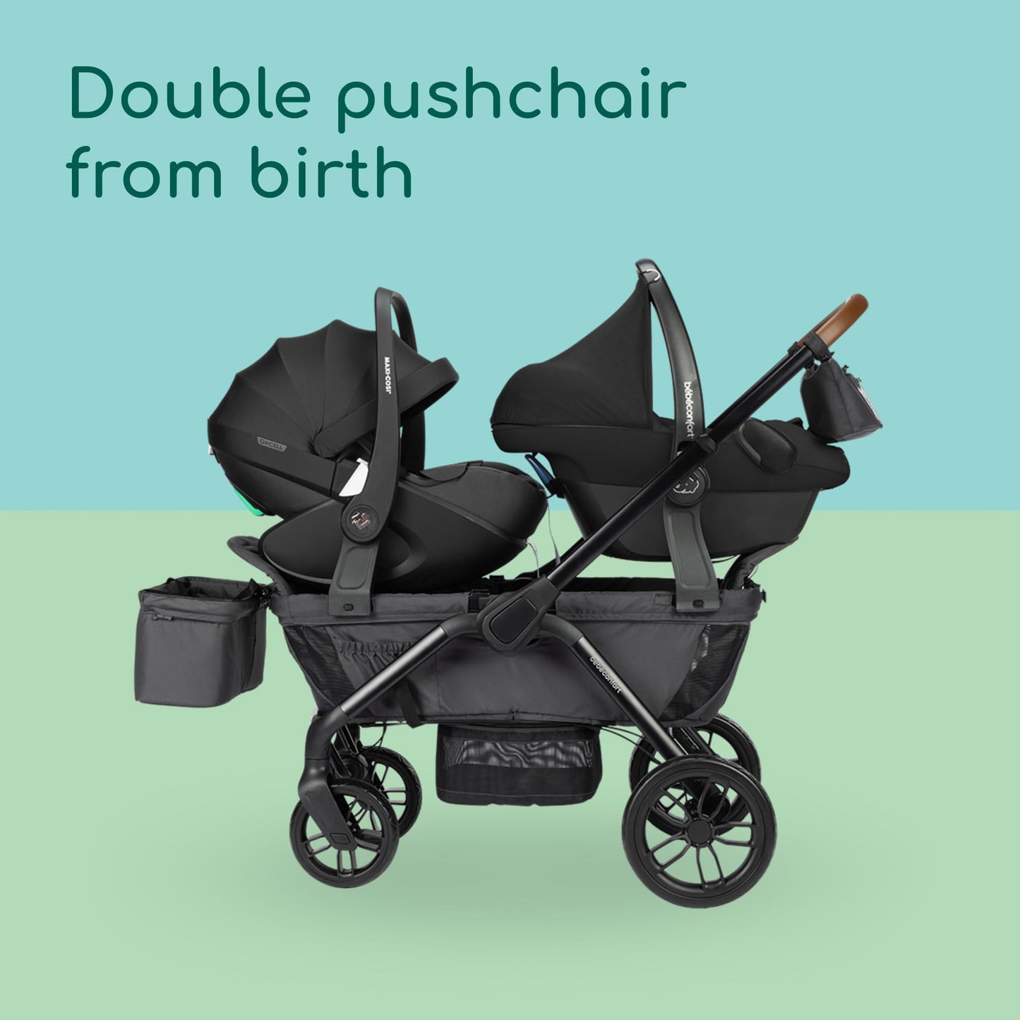 Bebeconfort Helios, Double Pram from Birth, 0-4 Years, 0-22kg, 2 Face-to-face Seats, Large All-Terrain Wheels, Compact Folding, Trolley on Wheels, Protective Canopy, Mineral Graphite