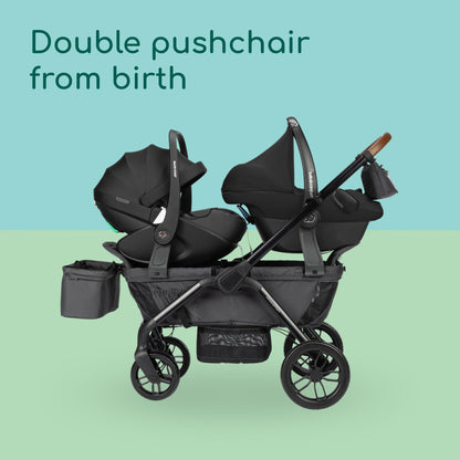 Bebeconfort Helios, Double Pram from Birth, 0-4 Years, 0-22kg, 2 Face-to-face Seats, Large All-Terrain Wheels, Compact Folding, Trolley on Wheels, Protective Canopy, Mineral Graphite