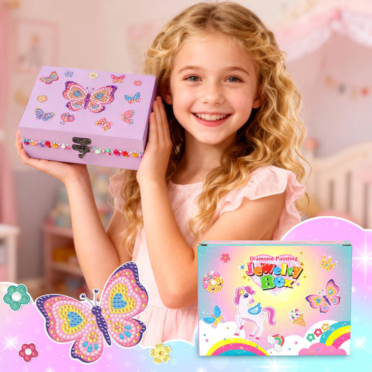 PinkSheep Wooden DIY Jewellery Box for Girl 6-12, Arts and Crafts Kits with Necklace Bracelet, Diamond Tape, Ddiamond Painting Box, DIY Pirate Treasure Chest Set for Kids (Purple Butterfly)