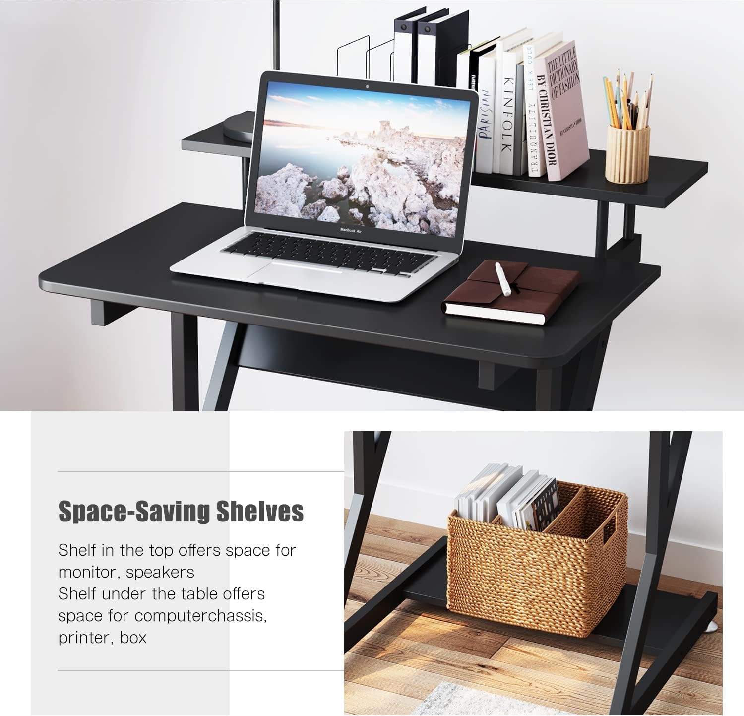 Dripex black Z-shaped computer desk with monitor shelf, storage shelves, and movable wheels, ideal for small home office spaces.