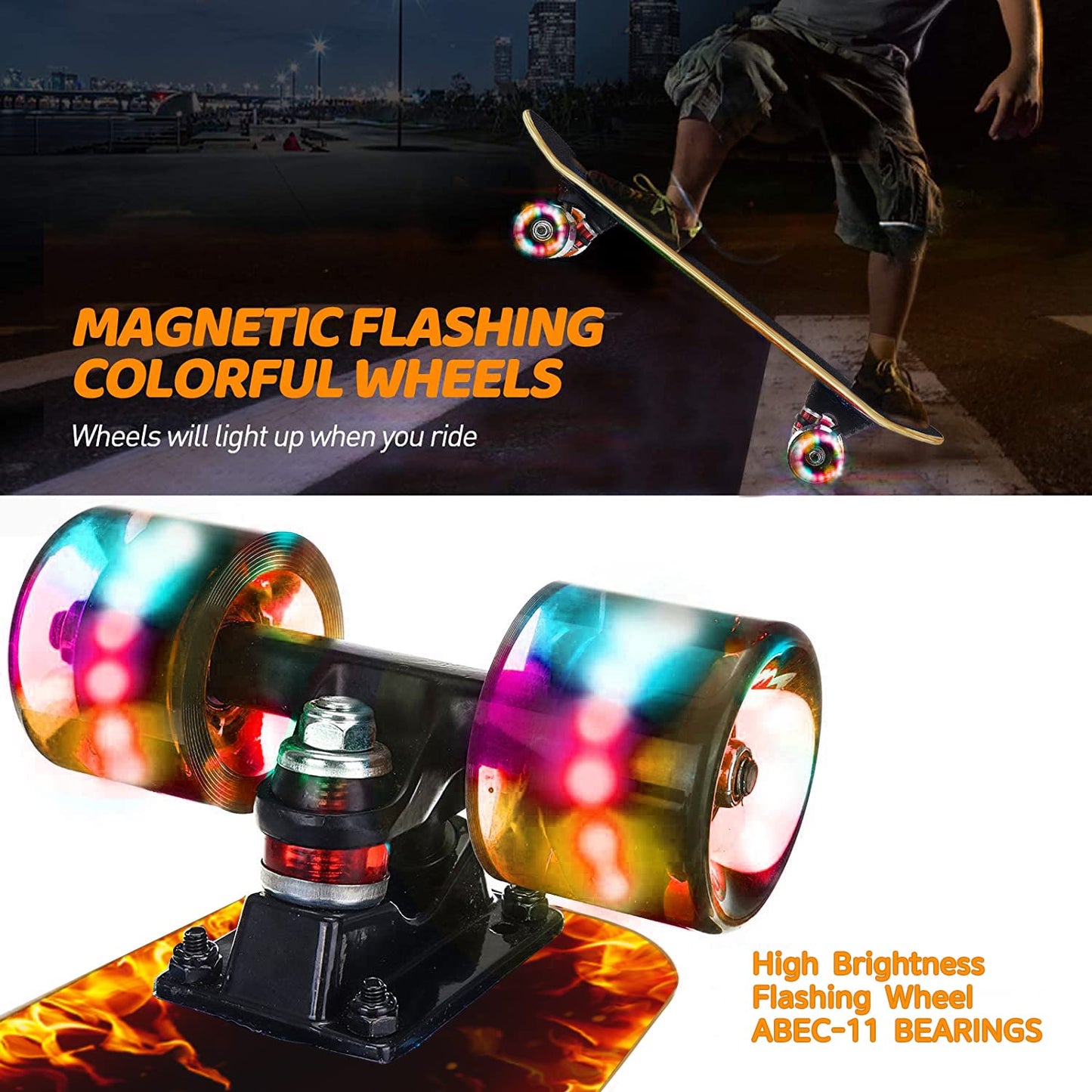 GIEEU Skateboards with Colorful Flashing Wheels for Beginners,Kids,Teens,Adults,31 x 8 Inch Complete Standard Skate Boards 9 Layer Canadian Maple Deck Concave Skateboard (Fire Skateboard-UK)