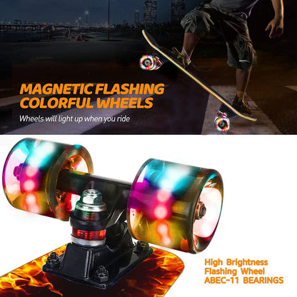 GIEEU Skateboards with Colorful Flashing Wheels for Beginners,Kids,Teens,Adults,31 x 8 Inch Complete Standard Skate Boards 9 Layer Canadian Maple Deck Concave Skateboard (Fire Skateboard-UK)