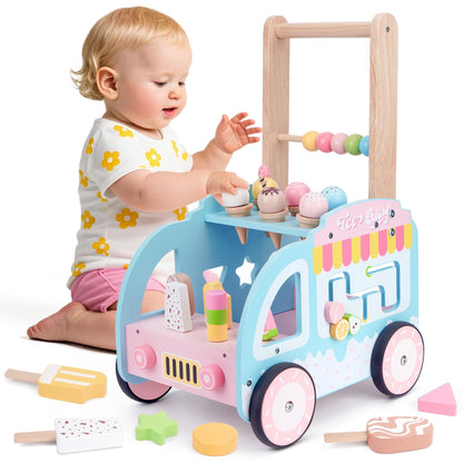 Wooden baby walker with wheels by Melofaver, toddler ice cream cart and activity center for children 18+ months learning to walk.