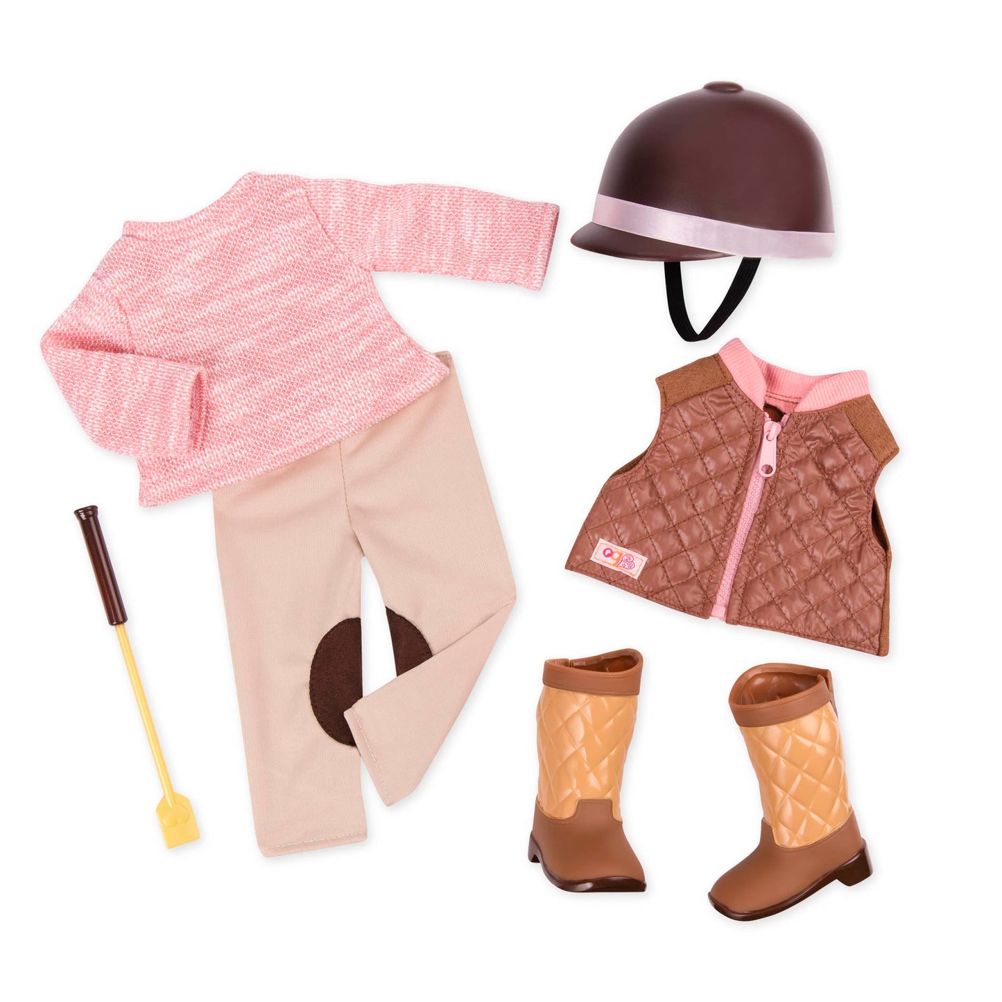 Deluxe equestrian outfit for 18-inch dolls, featuring clothing and horse riding accessories in a vibrant set by Our Generation.
