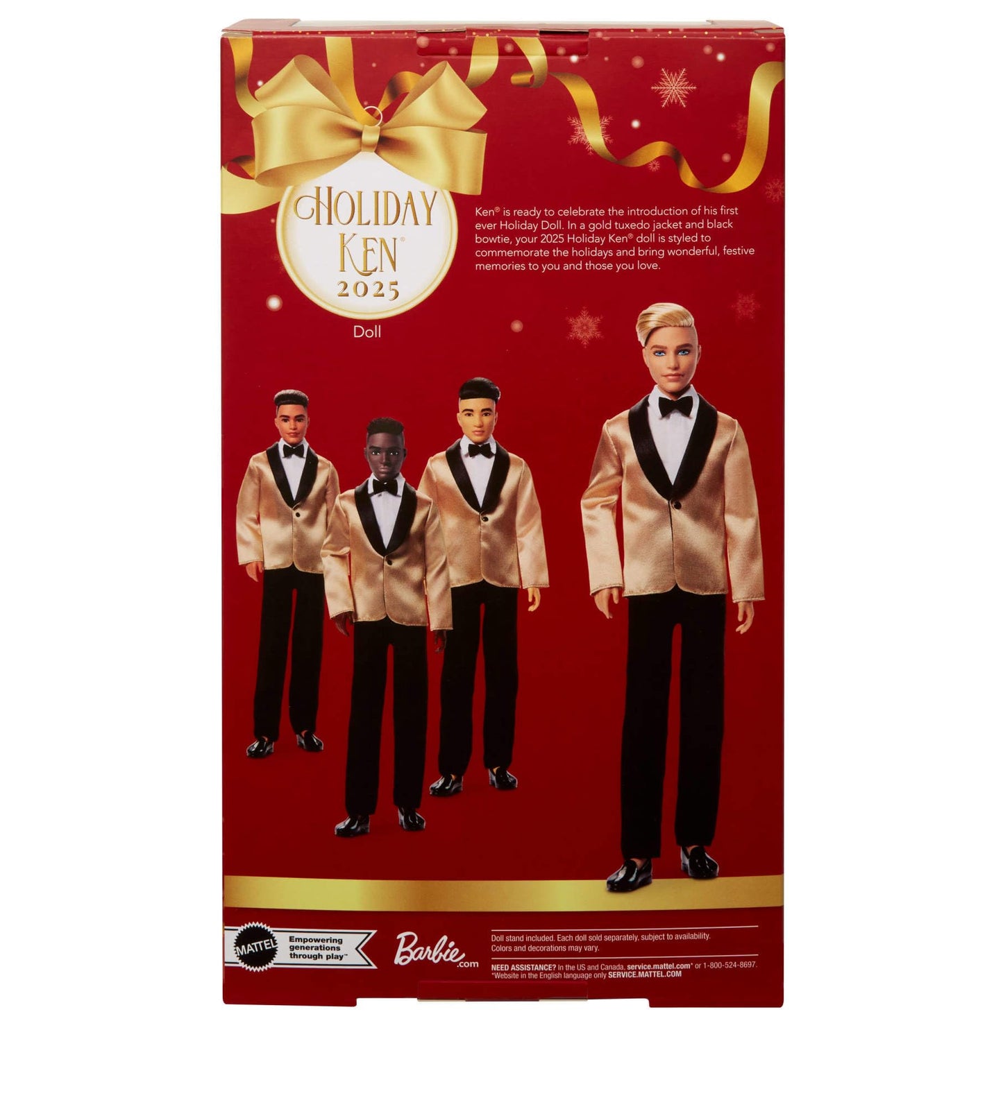 Barbie 2025 Holiday Blonde Ken doll in a golden jacket suit, displayed with packaging and doll stand.