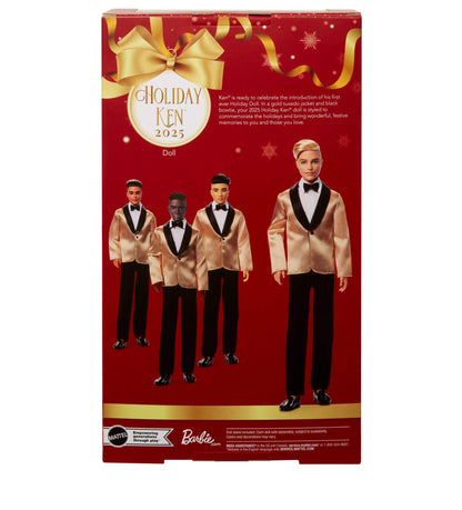 Barbie 2025 Holiday Blonde Ken doll in a golden jacket suit, displayed with packaging and doll stand.