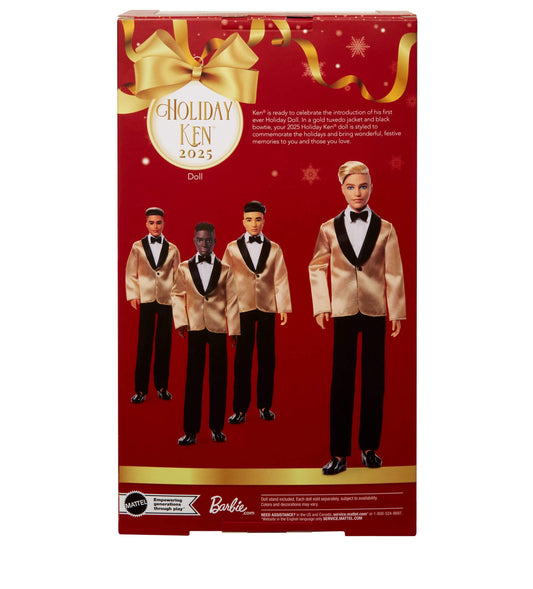 Barbie 2025 Holiday Blonde Ken doll in a golden jacket suit, displayed with packaging and doll stand.