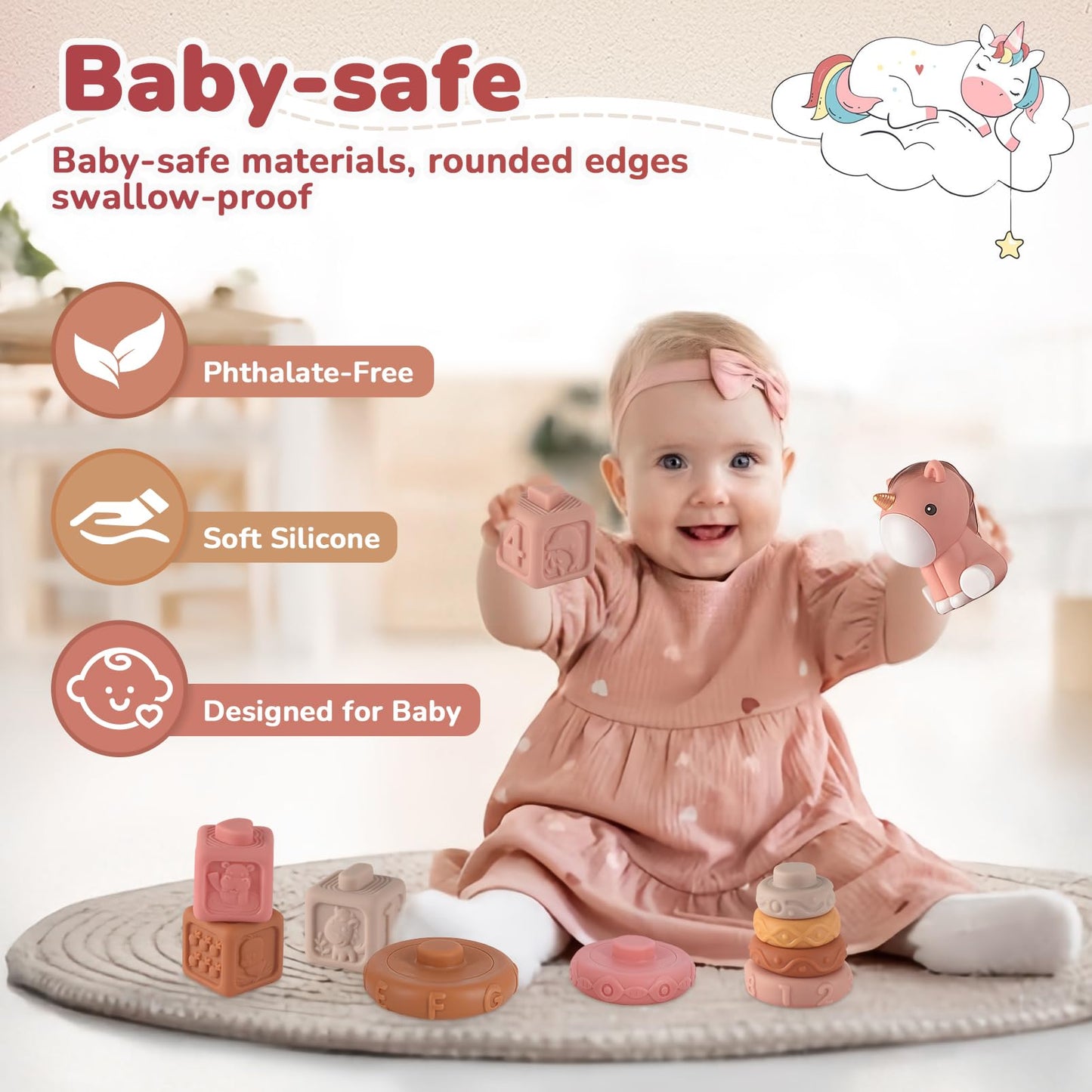Almaxi 5-in-1 Montessori baby toy set with stacking rings, blocks, shape sorter, and xylophone for infants 6-12 months old.