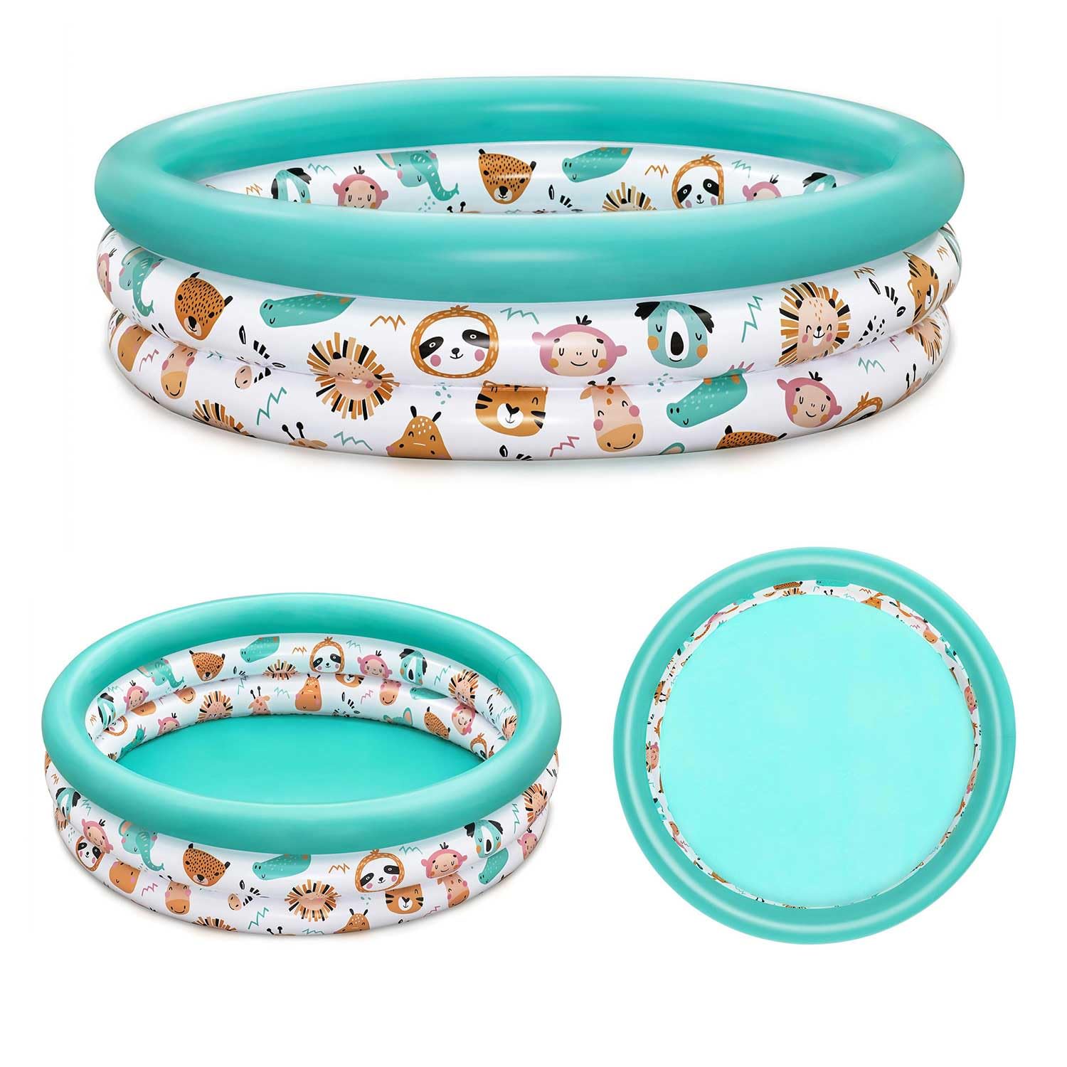 Bestway Safari Pals inflatable kiddie pool with colorful animal designs, perfect for kids' summer fun.