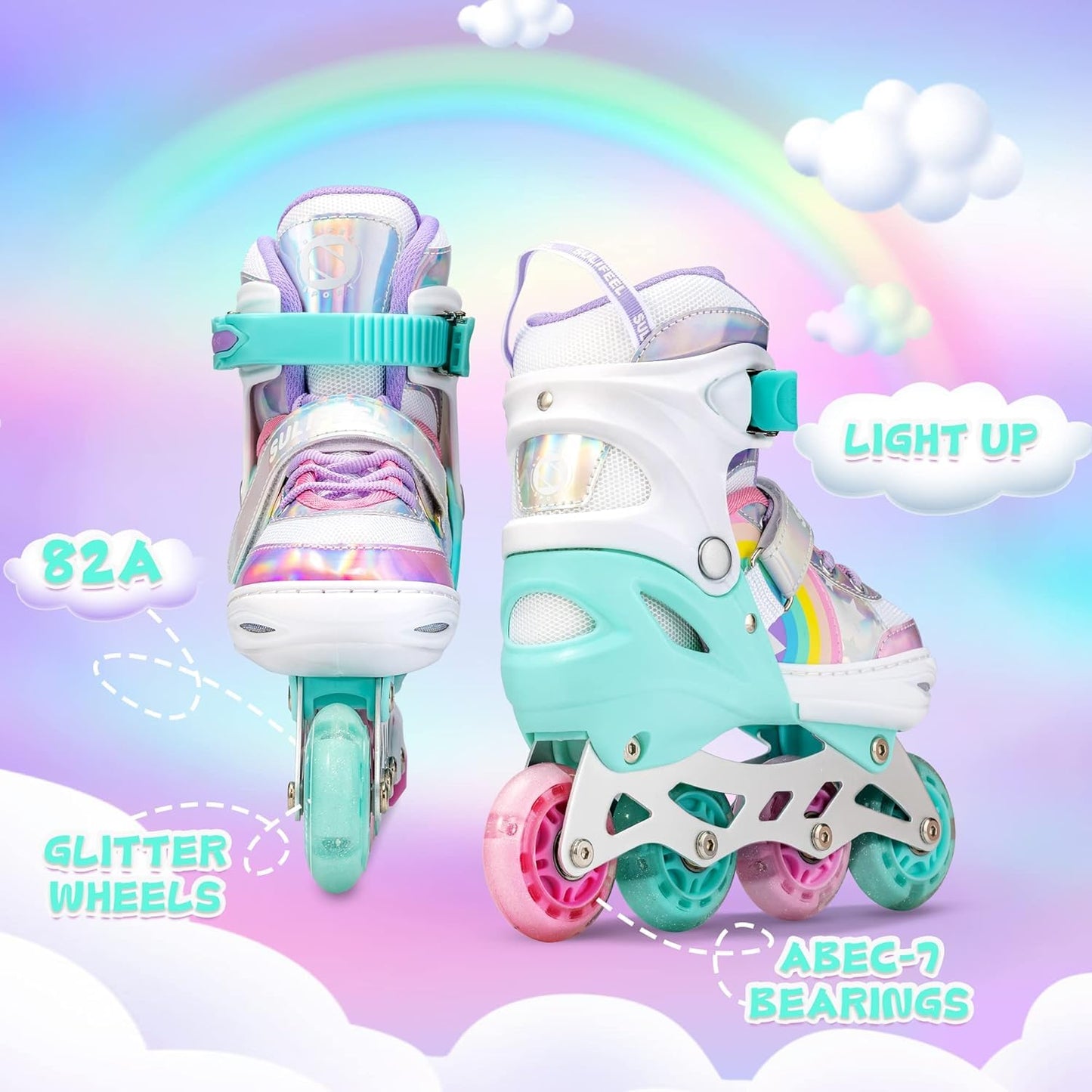 SULIFEEL adjustable light-up inline skates for kids with rainbow unicorn design and illuminating wheels, ideal for beginners.
