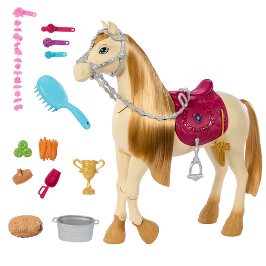 Barbie horse toy with sounds, music, accessories, and blinking eyes, inspired by The Great Horse Chase.