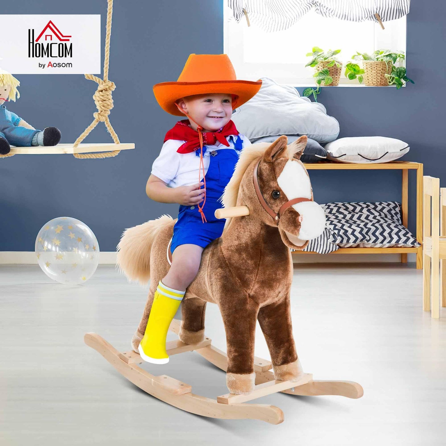 HOMCOM Kids Children Plush Rocking Horse Wooden Base Ride On Toy Rocker with Handle Grip Traditional Toy Fun Gift for Age 3+ (Brown)