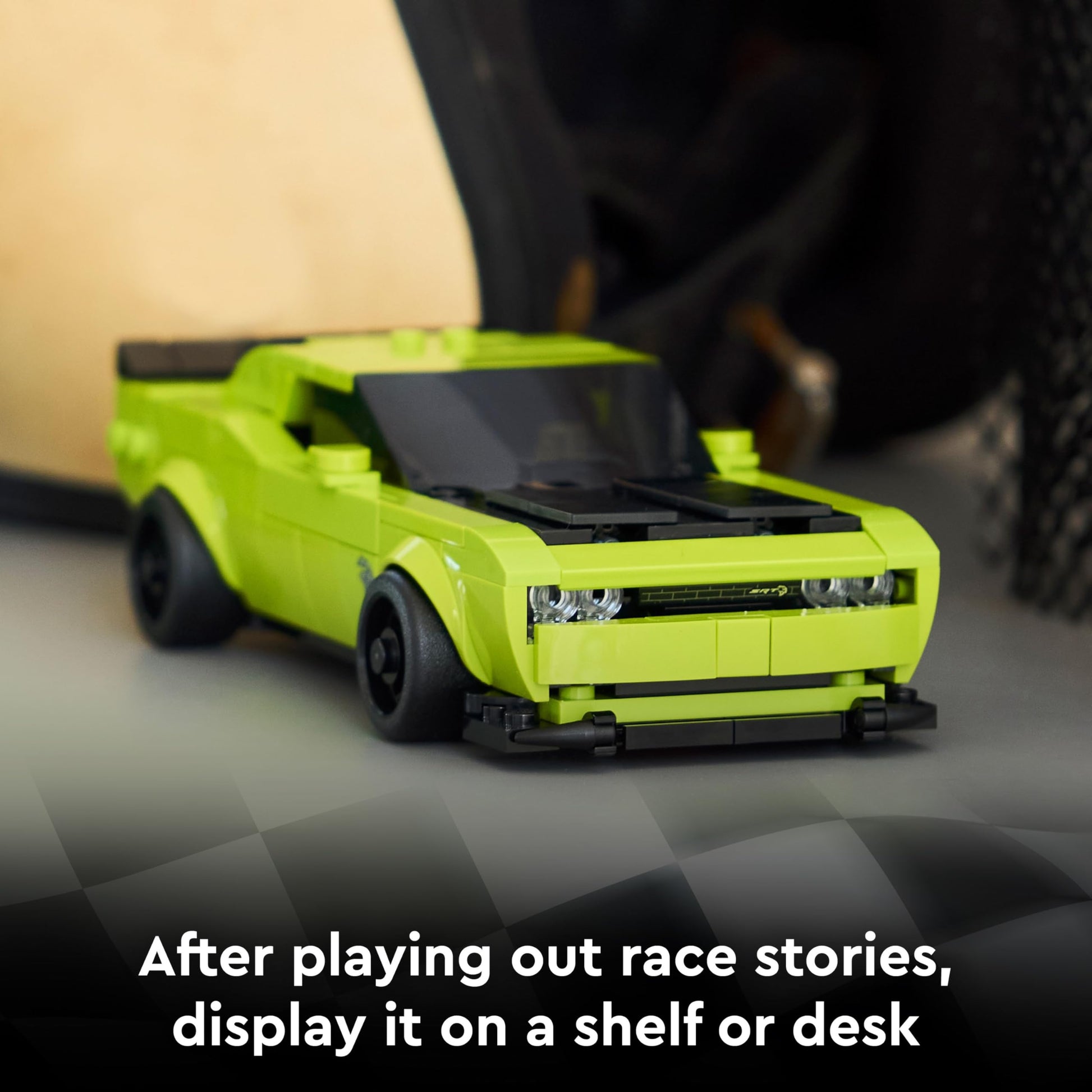 LEGO Speed Champions Dodge Challenger SRT Hellcat toy car model kit with a driver minifigure on a white background.
