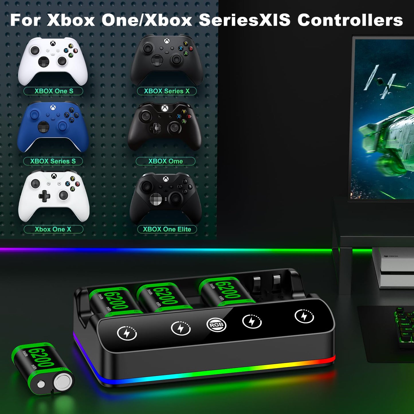 Rechargeable Battery Pack for Xbox One/Series Controller, 4x6200mWh High Capacity Battery Pack with with Charger/Cooling RGB/25H Playtime, Compatible with Xbox One/S/X/Elite 1, Series S/X Controller