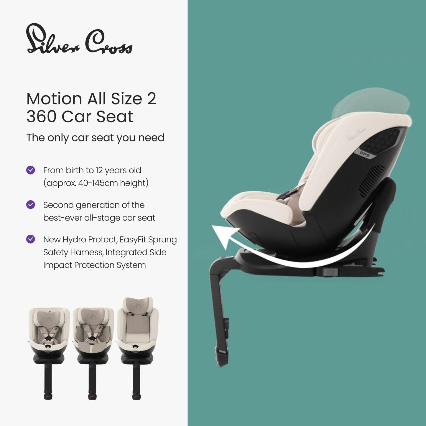 Silver Cross - Motion All Size 2 360 Car Seat - Newborn to 12 years - Isofix Car seat - 5 Point Safety Harness - 360 Rotation - Almond
