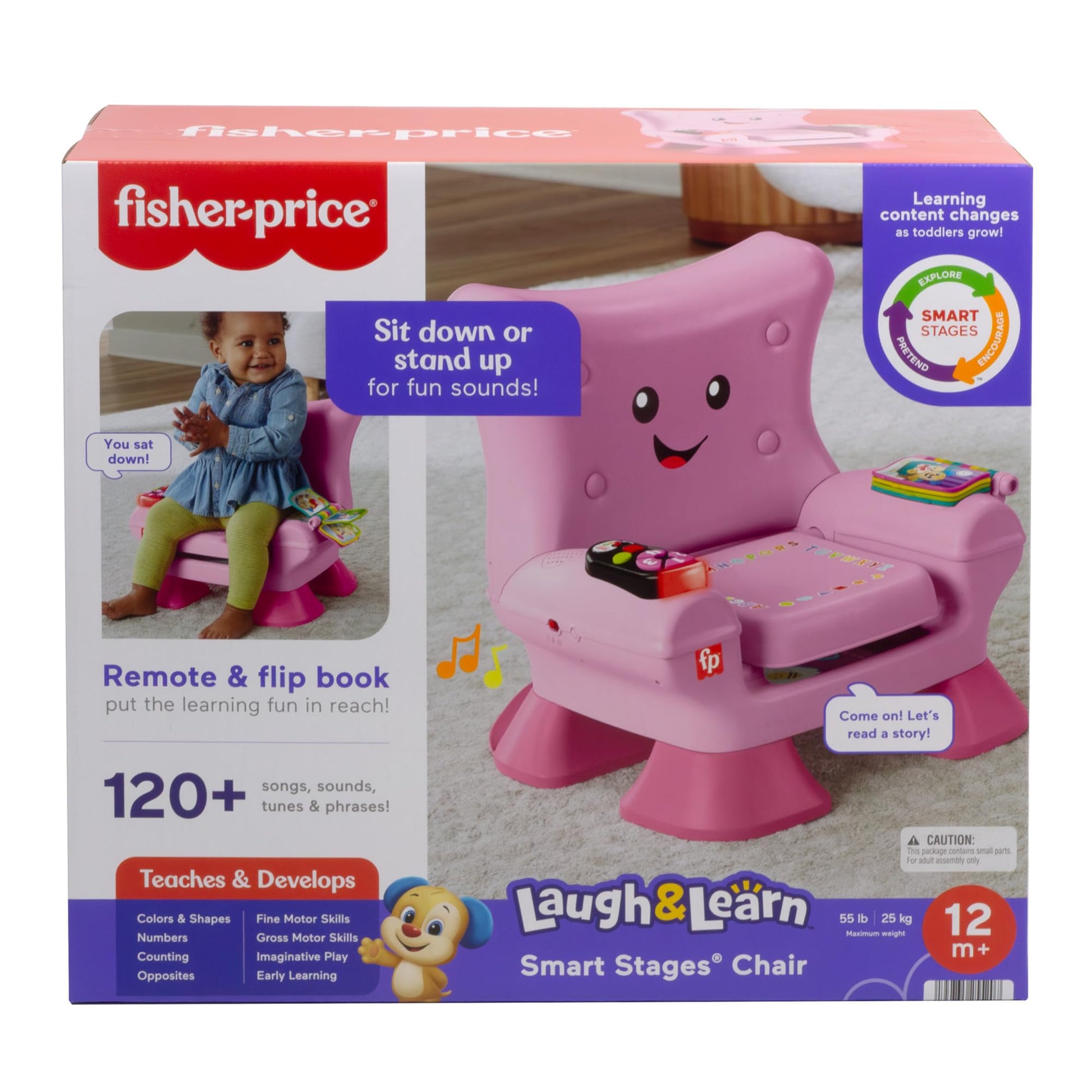 Fisher-Price Laugh & Learn toddler learning toy chair in pink with music lights and activities, suitable for ages 1+ years.